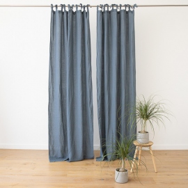 Blue Stone Washed Linen Curtain Panel with Ties
