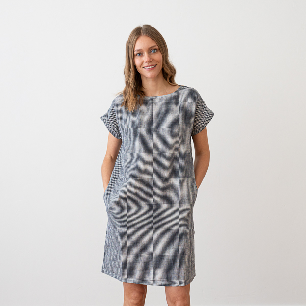 Navy White Linen Dress Gingham Alice - LinenMe