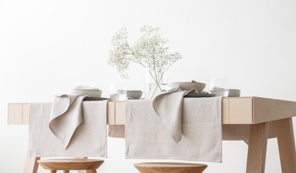 Silver Lara linen runner and napkins on an Easter table