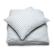 Folded Blue Ticking Stripe linen bed set on a white background